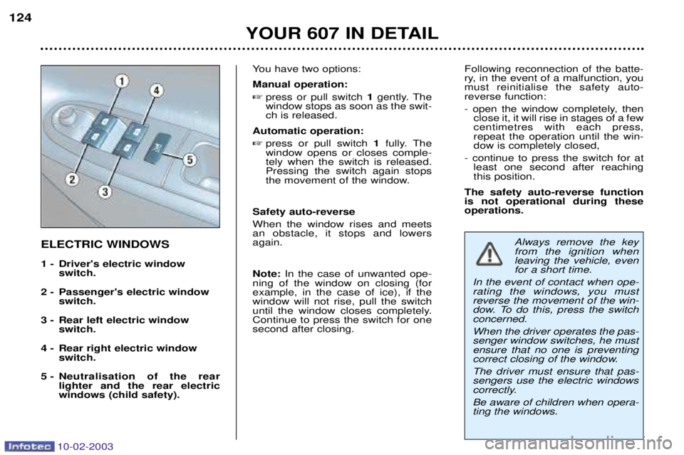 PEUGEOT 607 2003 Owners Manual 10-02-2003
YOUR 607 IN DETAIL
124
You have two options: Manual operation:
press or pull switch 1gently. The
window stops as soon as the swit- ch is released.
Automatic operation: press or pull sw PEUGEOT 607 2003 Owners Manual 10-02-2003
YOUR 607 IN DETAIL
124
You have two options: Manual operation:
press or pull switch 1gently. The
window stops as soon as the swit- ch is released.
Automatic operation: press or pull sw