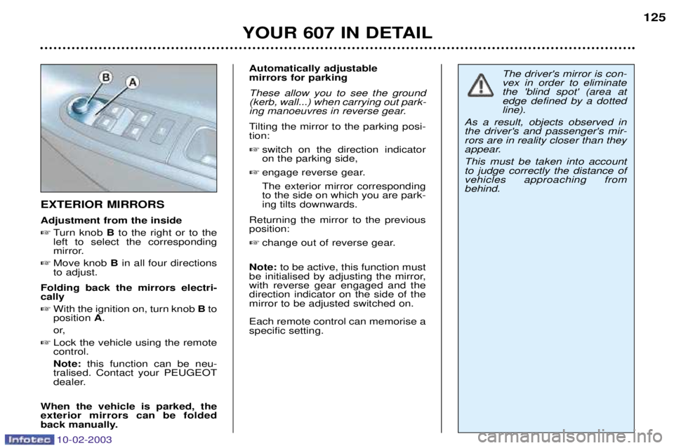 PEUGEOT 607 2003 Owners Manual 10-02-2003
YOUR 607 IN DETAIL125
EXTERIOR MIRRORS Adjustment from the inside
Turn knob Bto the right or to the
left to select the corresponding
mirror.
Move knob Bin all four directions
to adju PEUGEOT 607 2003 Owners Manual 10-02-2003
YOUR 607 IN DETAIL125
EXTERIOR MIRRORS Adjustment from the inside
Turn knob Bto the right or to the
left to select the corresponding
mirror.
Move knob Bin all four directions
to adju