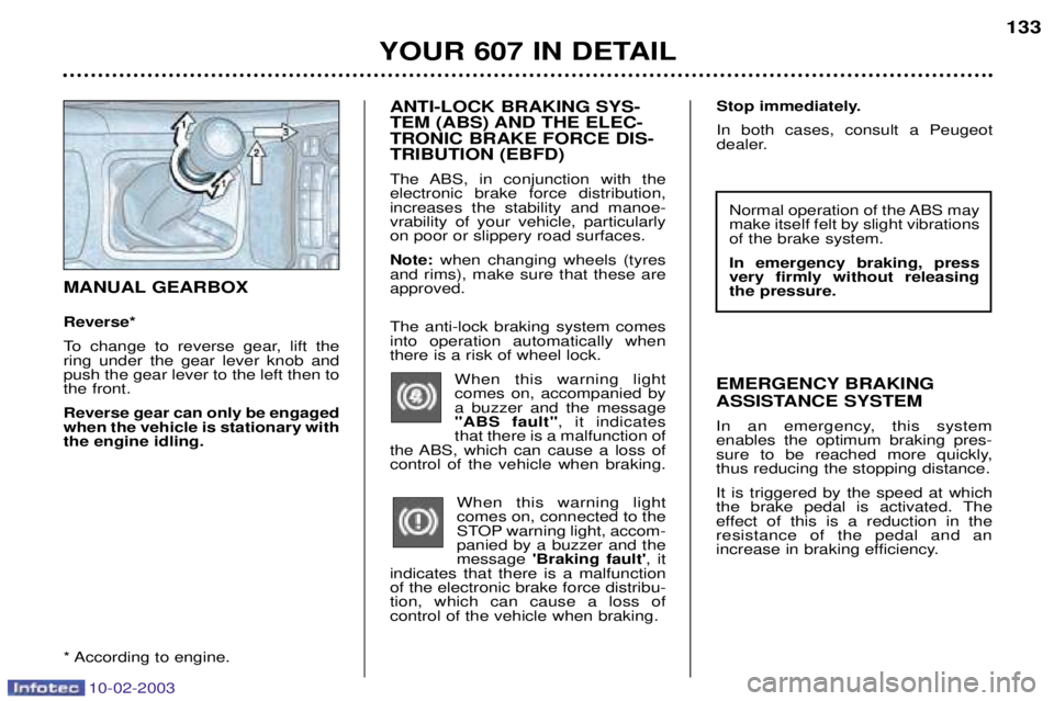 PEUGEOT 607 2003 Owners Manual 10-02-2003
ANTI-LOCK BRAKING SYS-
TEM (ABS) AND THE ELEC-TRONIC BRAKE FORCE DIS-TRIBUTION (EBFD)
The ABS, in conjunction with the electronic brake force distribution,increases the stability and mano PEUGEOT 607 2003 Owners Manual 10-02-2003
ANTI-LOCK BRAKING SYS-
TEM (ABS) AND THE ELEC-TRONIC BRAKE FORCE DIS-TRIBUTION (EBFD)
The ABS, in conjunction with the electronic brake force distribution,increases the stability and mano