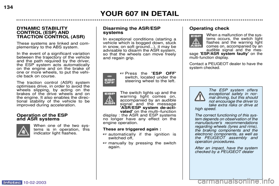 PEUGEOT 607 2003 Owners Manual 10-02-2003
YOUR 607 IN DETAIL
134
Operating check
When a malfunction of the sys- tems occurs, the switch lightflashes and the warning lightcomes on, accompanied by anaudible signal and the mes-
sage PEUGEOT 607 2003 Owners Manual 10-02-2003
YOUR 607 IN DETAIL
134
Operating check
When a malfunction of the sys- tems occurs, the switch lightflashes and the warning lightcomes on, accompanied by anaudible signal and the mes-
sage