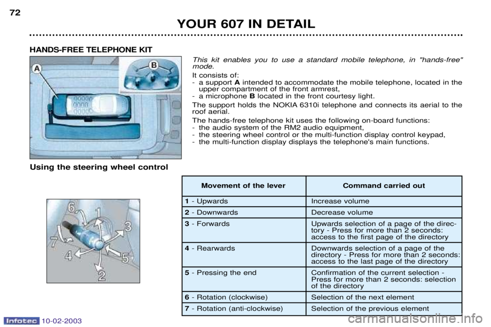 PEUGEOT 607 2003 Owners Manual 10-02-2003
This kit enables you to use a standard mobile telephone, in "hands-free" mode. It consists of:
- a support Aintended to accommodate the mobile telephone, located in the
upper compartment o PEUGEOT 607 2003 Owners Manual 10-02-2003
This kit enables you to use a standard mobile telephone, in "hands-free" mode. It consists of:
- a support Aintended to accommodate the mobile telephone, located in the
upper compartment o