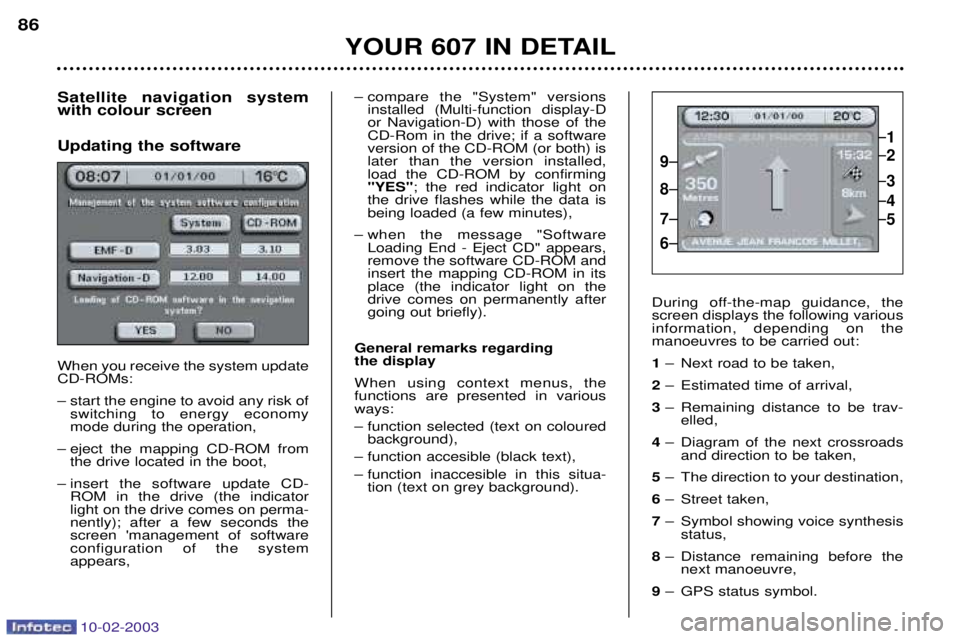 PEUGEOT 607 2003 Owners Manual 10-02-2003
Satellite navigation system with colour screen Updating the software When you receive the system update CD-ROMs:
Ð start the engine to avoid any risk ofswitching to energy economy mode du PEUGEOT 607 2003 Owners Manual 10-02-2003
Satellite navigation system with colour screen Updating the software When you receive the system update CD-ROMs:
Ð start the engine to avoid any risk ofswitching to energy economy mode du