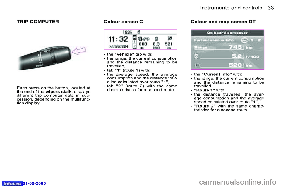 PEUGEOT 607 2005  Owners Manual �3�2 �-�I�n�s�t�r�u�m�e�n�t�s� �a�n�d� �c�o�n�t�r�o�l�s
�0�1�-�0�6�-�2�0�0�5
�3�3
�-�I�n�s�t�r�u�m�e�n�t�s� �a�n�d� �c�o�n�t�r�o�l�s
�0�1�-�0�6�-�2�0�0�5
�T�R�I�P� �C�O�M�P�U�T�E�R
�E�a�c�h� �p�r�e�s�