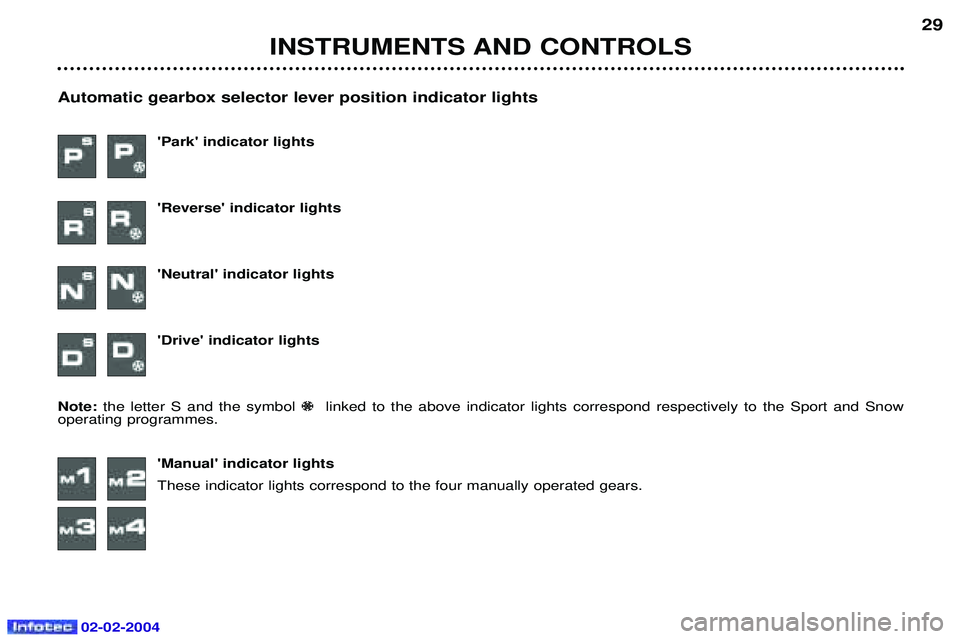 PEUGEOT 607 2004  Owners Manual 02-02-2004
INSTRUMENTS AND CONTROLS29
Automatic gearbox selector lever position indicator lights Park indicator lights Reverse indicator lightsNeutral indicator lightsDrive indicator lights
No