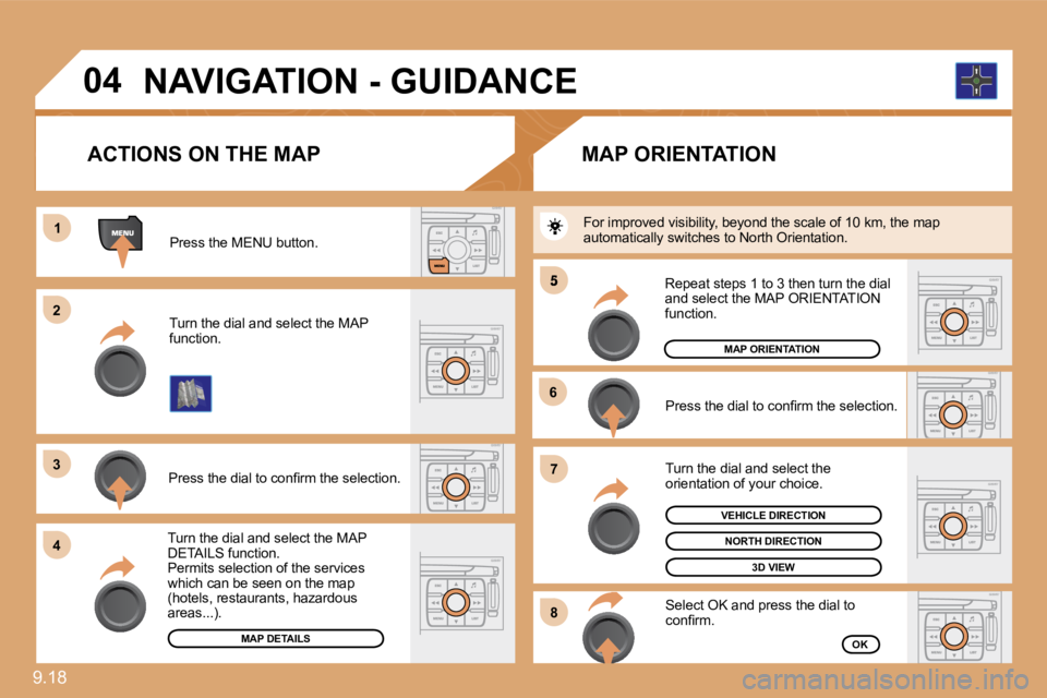 PEUGEOT 807 2010  Owners Manual 9.18 
11
�2�2
�3�3
�4�4
�5
�6�6
�7�7
�8�8
�0�4
  Press the MENU button.  
  Turn the dial and select the MAP function.  
� � �P�r�e�s�s� �t�h�e� �d�i�a�l� �t�o� �c�o�n�ﬁ� �r�m� �t�h�e� �s�e�l�e�c�t�