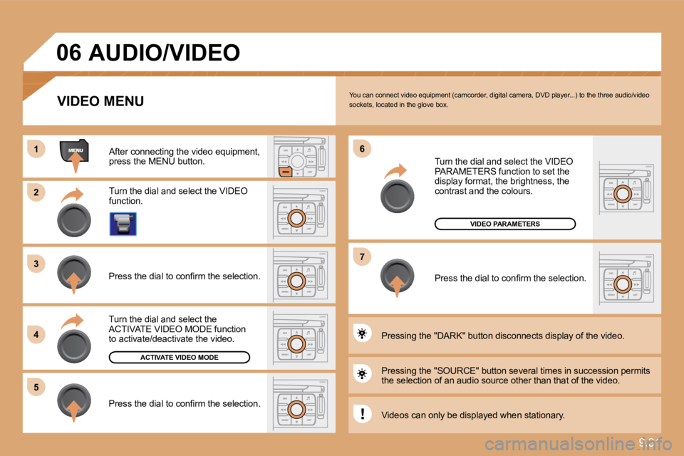 PEUGEOT 807 2010  Owners Manual 9.31
11
�2�2
�3�3
�4�4
�5�5
�6�6
�7�7
�0�6
ACTIVATE VIDEO MODE
VIDEO PARAMETERS
 You can connect video equipment (camcorder, digital camera, DVD player...) to the three audio/video sockets, located in