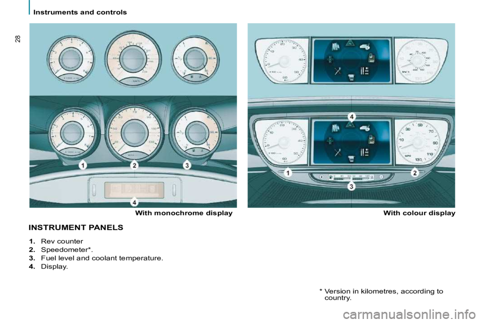 PEUGEOT 807 2010  Owners Manual    Instruments and controls   
28
 INSTRUMENT PANELS  
  With monochrome display    With colour display 
   
1.    Rev counter 
  
2.    Speedometer * . 
  
3.    Fuel level and coolant temperature. 
