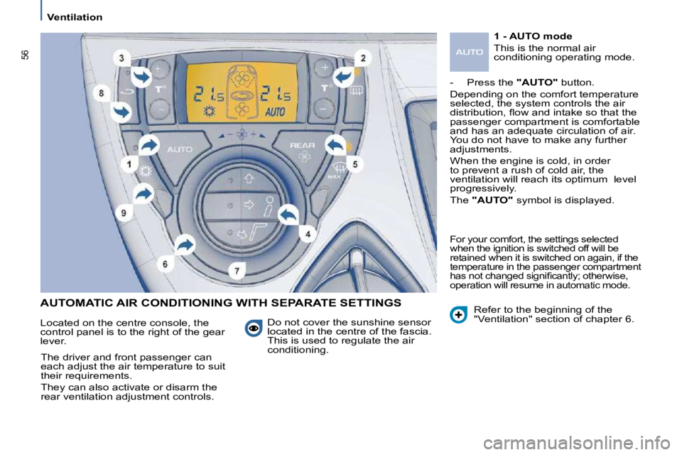 PEUGEOT 807 2010  Owners Manual �5�6
   Ventilation   
 AUTOMATIC AIR CONDITIONING WITH SEPARATE SETTINGS 
  Do not cover the sunshine sensor  
�l�o�c�a�t�e�d� �i�n� �t�h�e� �c�e�n�t�r�e� �o�f� �t�h�e� �f�a�s�c�i�a�.� 
�T�h�i�s� �i�
