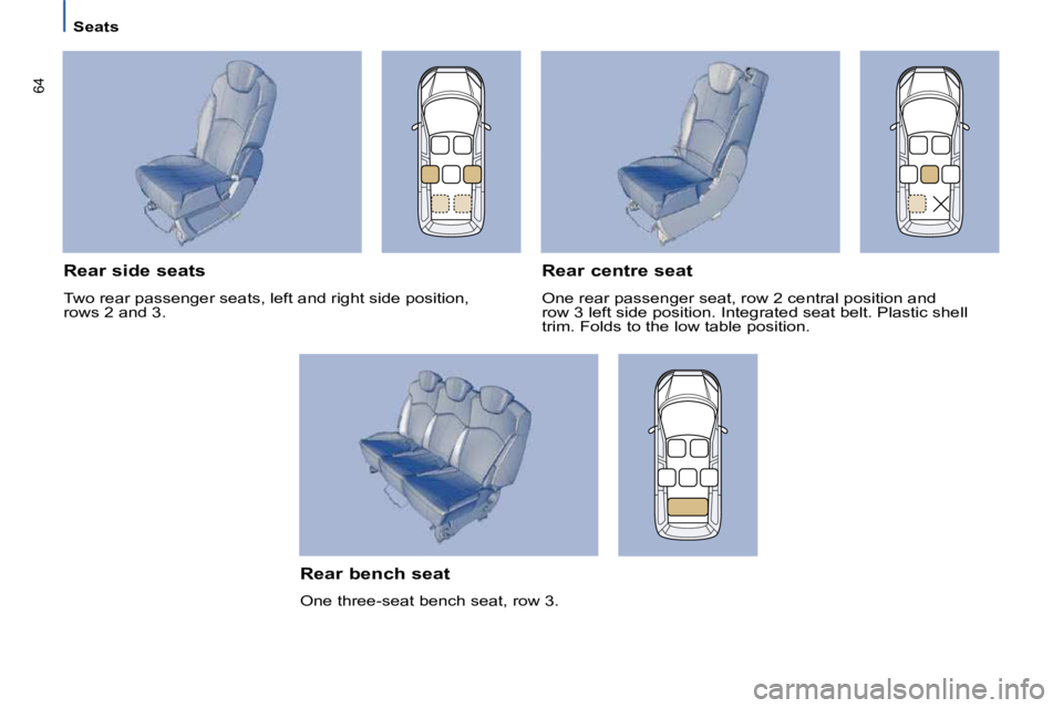 PEUGEOT 807 2010  Owners Manual �6�4
   Seats   
  Rear bench seat  
� �O�n�e� �t�h�r�e�e�-�s�e�a�t� �b�e�n�c�h� �s�e�a�t�,� �r�o�w� �3�.� � 
  Rear side seats 
� �T�w�o� �r�e�a�r� �p�a�s�s�e�n�g�e�r� �s�e�a�t�s�,� �l�e�f�t� �a�n�d�