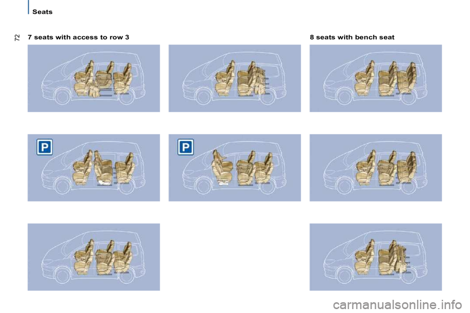 PEUGEOT 807 2010  Owners Manual 72
   Seats   
  7 seats with access to row 3    8 seats with bench seat           