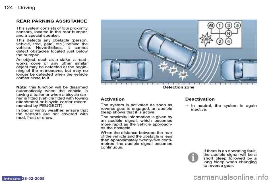 PEUGEOT 807 2005  Owners Manual �1�2�4 �-
�2�8�-�0�2�-�2�0�0�5
�1�2�5
�-
�2�8�-�0�2�-�2�0�0�5
�A�c�t�i�v�a�t�i�o�n
�T�h�e�  �s�y�s�t�e�m�  �i�s�  �a�c�t�i�v�a�t�e�d�  �a�s�  �s�o�o�n�  �a�s�  
�r�e�v�e�r�s�e�  �g�e�a�r�  �i�s�  �e�n