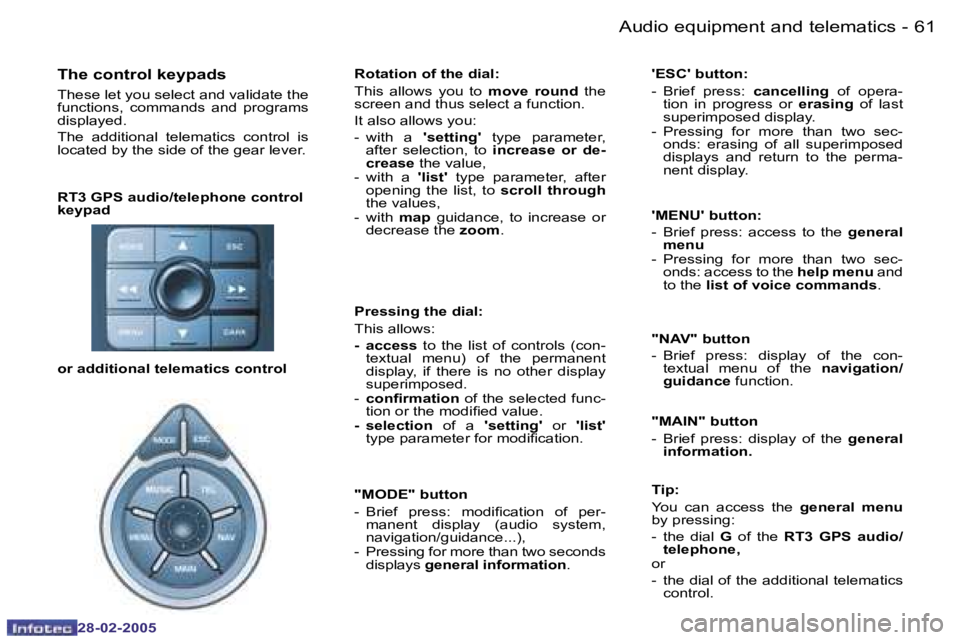 PEUGEOT 807 2005  Owners Manual �6�0 �-
�2�8�-�0�2�-�2�0�0�5
�6�1
�-
�2�8�-�0�2�-�2�0�0�5
�R�T�3� �G�P�S� �a�u�d�i�o�/�t�e�l�e�p�h�o�n�e� �c�o�n�t�r�o�l�  
�k�e�y�p�a�d� 
�T�h�e� �c�o�n�t�r�o�l� �k�e�y�p�a�d�s
�T�h�e�s�e� �l�e�t� �y