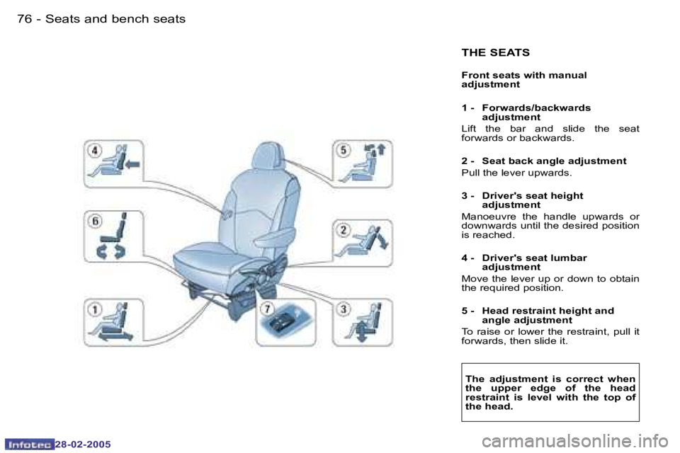 PEUGEOT 807 2005  Owners Manual �7�6 �-
�2�8�-�0�2�-�2�0�0�5
�7�7
�-
�2�8�-�0�2�-�2�0�0�5
�T�H�E� �S�E�A�T�S
�F�r�o�n�t� �s�e�a�t�s� �w�i�t�h� �m�a�n�u�a�l�  
�a�d�j�u�s�t�m�e�n�t 
�1� �-�  �F�o�r�w�a�r�d�s�/�b�a�c�k�w�a�r�d�s� 
�a�