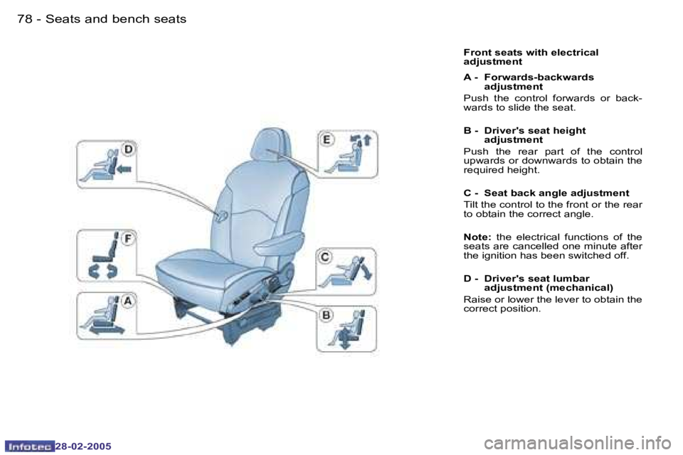 PEUGEOT 807 2005  Owners Manual �7�8 �-
�2�8�-�0�2�-�2�0�0�5
�7�9
�-
�2�8�-�0�2�-�2�0�0�5
�F�r�o�n�t� �s�e�a�t�s� �w�i�t�h� �e�l�e�c�t�r�i�c�a�l�  
�a�d�j�u�s�t�m�e�n�t 
�A� �-�  �F�o�r�w�a�r�d�s�-�b�a�c�k�w�a�r�d�s� 
�a�d�j�u�s�t�m