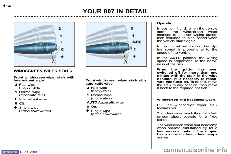 PEUGEOT 807 2002  Owners Manual YOUR 807 IN DETAIL
114
WINDSCREEN WIPER STALK 
Front windscreen wiper stalk with 
intermittent wipe 
2 Fast wipe 
(heavy rain).
1 Normal wipe 
(moderate rain).
l Intermittent wipe.
0 Off.
� Single wip