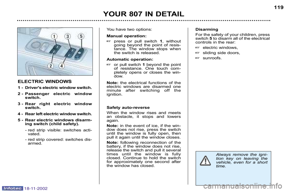 PEUGEOT 807 2002  Owners Manual YOUR 807 IN DETAIL119
ELECTRIC WINDOWS 
1 � Drivers electric window switch. 
2 � Passenger  electric  window switch.
3 � Rear  right  electric  window switch.
4 � Rear left electric window switch.
5 