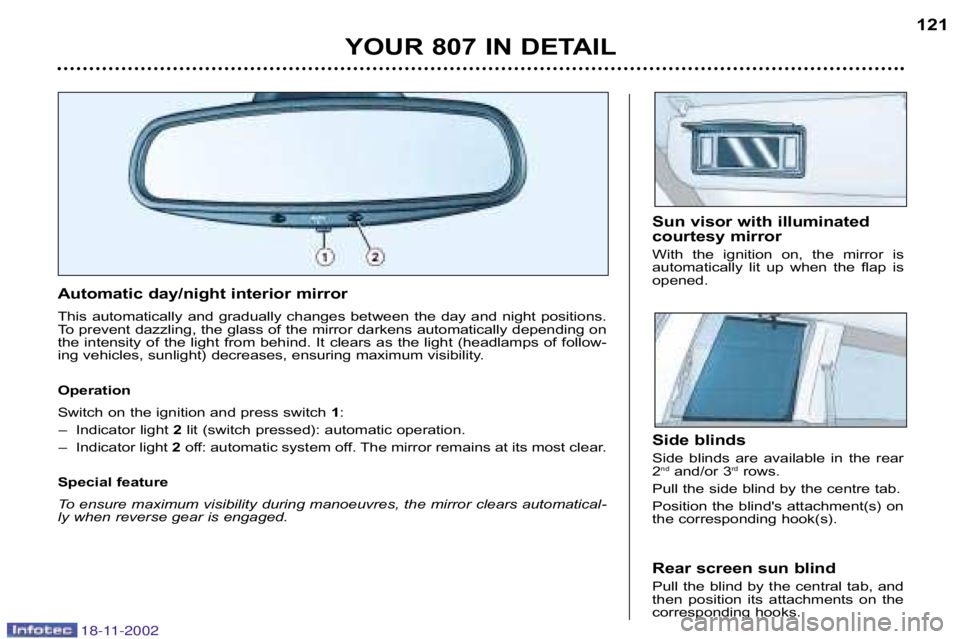 PEUGEOT 807 2002  Owners Manual YOUR 807 IN DETAIL121
Automatic day/night interior mirror 
This  automatically  and  gradually  changes  between  the  day  and
  night  positions.
To prevent dazzling, the glass of the mirror darkens