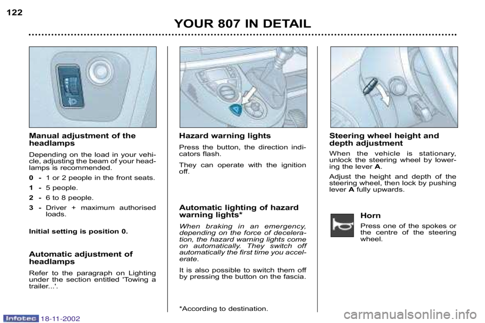 PEUGEOT 807 2002  Owners Manual Horn 
Press  one  of  the  spokes  or 
the  centre  of  the  steering
wheel. 
YOUR 807 IN DETAIL
122
Manual adjustment of the 
headlamps 
Depending  on  the  load  in  your  vehi� 
cle, adjusting the 