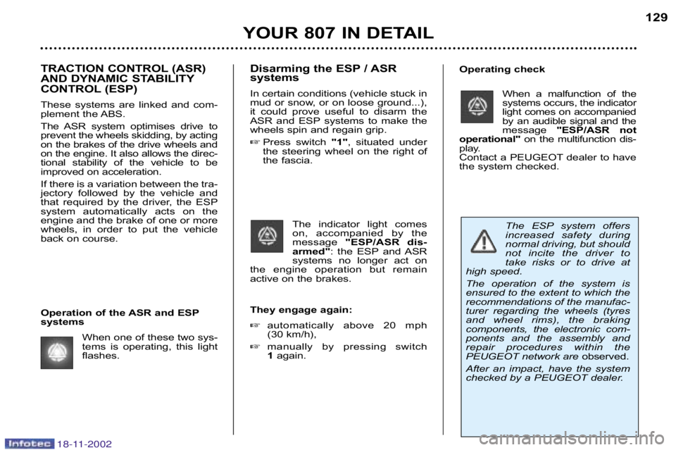 PEUGEOT 807 2002  Owners Manual The  ESP system  offers 
increased  safety  during
normal driving, but should
not  incite  the  driver  to
take  risks  or  to  drive  at
high speed. 
The  operation  of  the  system  is 
ensured to t