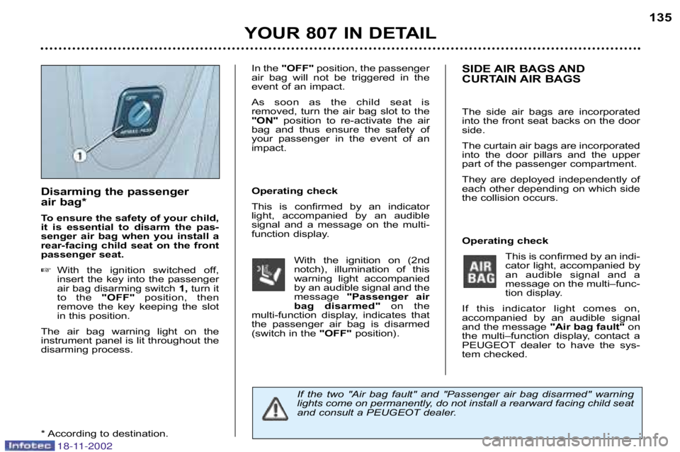 PEUGEOT 807 2002  Owners Manual YOUR 807 IN DETAIL135
Disarming the passenger  
air bag* 
To ensure the safety of your child, 
it  is  essential  to  disarm  the  pas�
senger  air  bag  when  you  install  a
rear�facing  child  seat