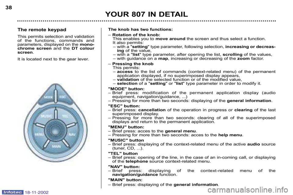 PEUGEOT 807 2002  Owners Manual YOUR 807 IN DETAIL
38
The remote keypad 
This permits selection and validation 
of  the  functions,  commands  and
parameters, displayed on the  mono�
chrome  screen  and  the DT  colour
screen .
It i
