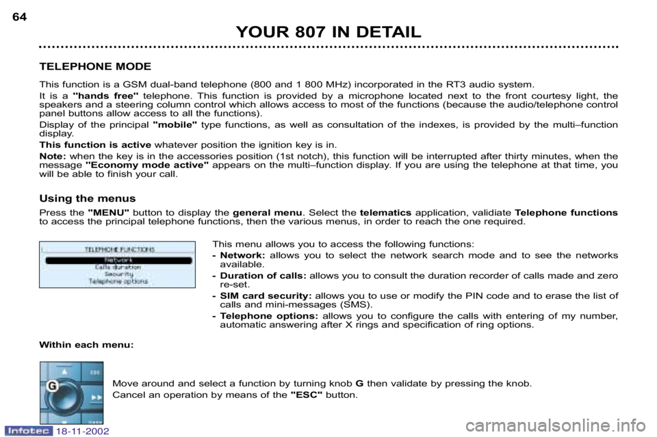 PEUGEOT 807 2002  Owners Manual YOUR 807 IN DETAIL
64
TELEPHONE MODE 
This function is a GSM dual�band telephone (800 and 1 800  MHz) incorporated in the RT3 audio system.
It  is  a  hands  free  telephone.  This  function  is  