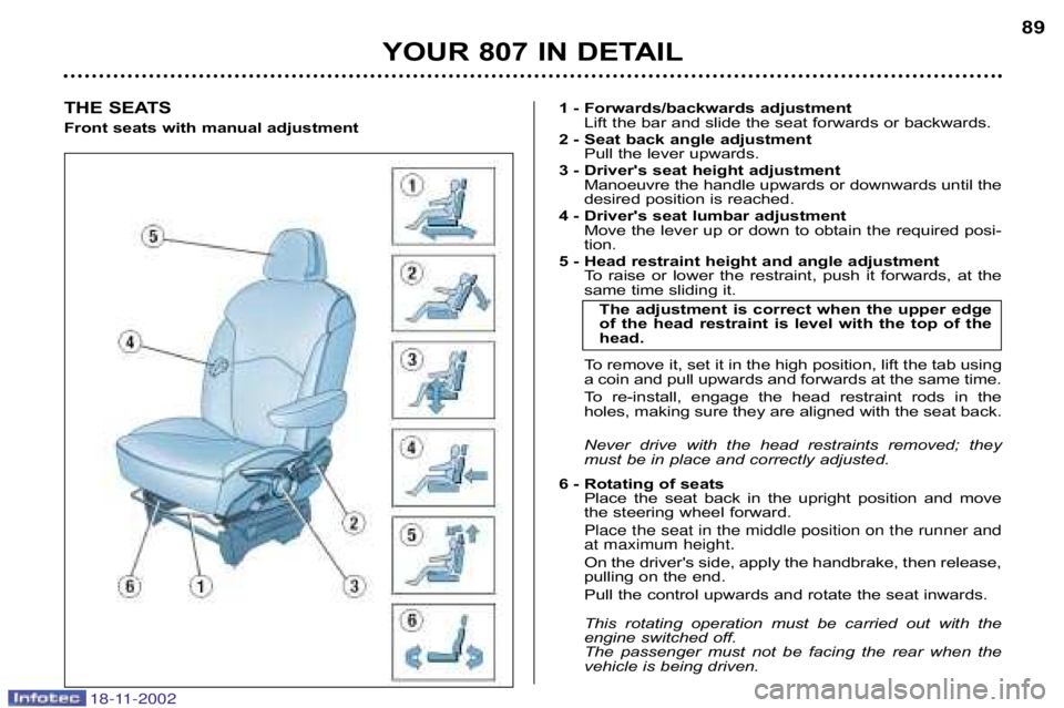 PEUGEOT 807 2002  Owners Manual YOUR 807 IN DETAIL89
THE SEATS 
Front seats with manual adjustment
1 � Forwards/backwards adjustment
Lift the bar and slide the seat forwards or backwards.
2 � Seat back angle adjustment Pull the leve