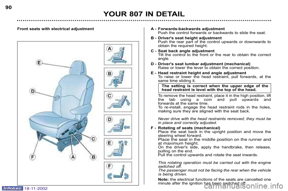PEUGEOT 807 2002  Owners Manual YOUR 807 IN DETAIL
90
Front seats with electrical adjustment A � Forwards�backward
s adjustment
Push the control forwards or backwards to slide the seat.
B � Drivers seat height adjustment Push  the 