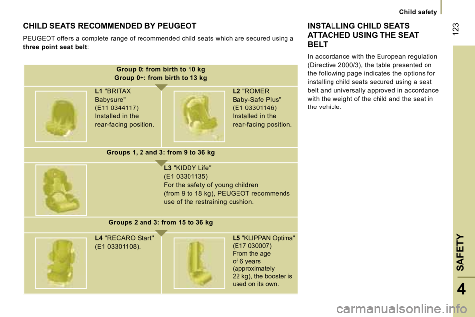 PEUGEOT 807 2007  Owners Manual �C�h�i�l�d� �s�a�f�e�t�y
�C�H�I�L�D� �S�E�A�T�S� �R�E�C�O�M�M�E�N�D�E�D� �B�Y� �P�E�U�G�E�O�T
�P�E�U�G�E�O�T� �o�f�f�e�r�s� �a� �c�o�m�p�l�e�t�e� �r�a�n�g�e� �o�f� �r�e�c�o�m�m�e�n�d�e�d� �c�h�i�l�d� 