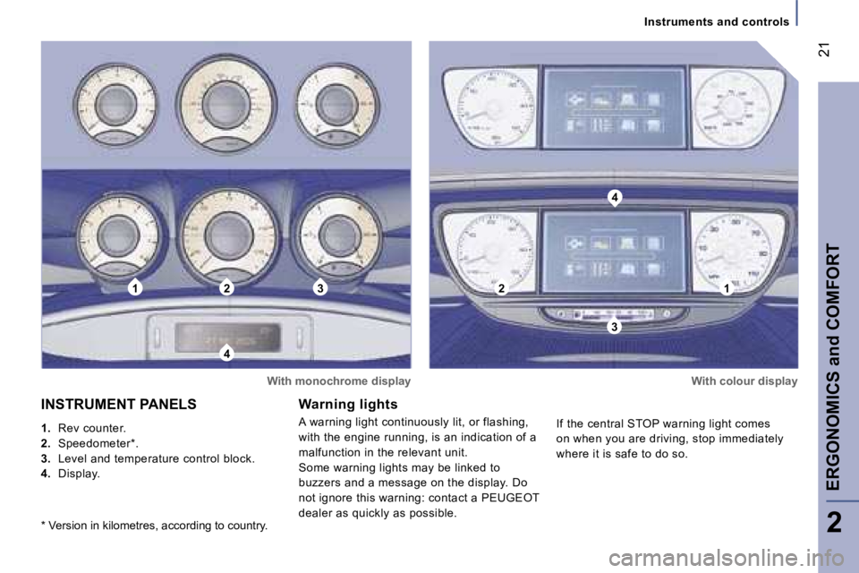 PEUGEOT 807 2007  Owners Manual �1�2�3
�4
�2�1
�3
�4
�I�n�s�t�r�u�m�e�n�t�s� �a�n�d� �c�o�n�t�r�o�l�s
�W�a�r�n�i�n�g� �l�i�g�h�t�s
�A� �w�a�r�n�i�n�g� �l�i�g�h�t� �c�o�n�t�i�n�u�o�u�s�l�y� �l�i�t�,� �o�r� �f�l�a�s�h�i�n�g�,� 
�w�i�t