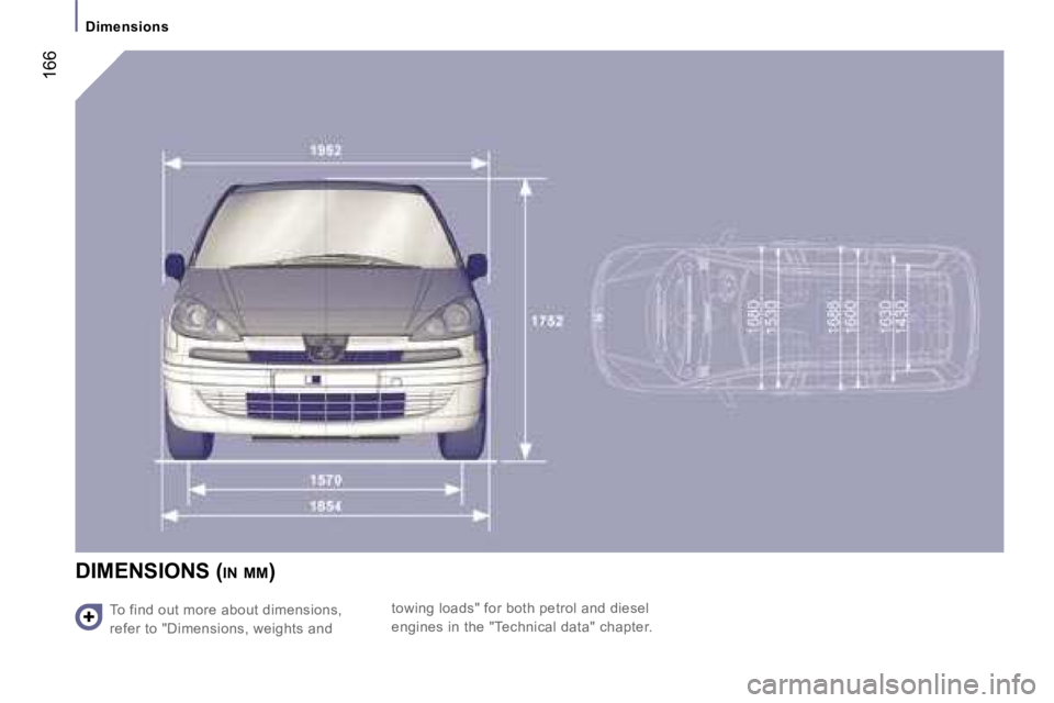 PEUGEOT 807 2007  Owners Manual �D�i�m�e�n�s�i�o�n�s
�1�6�6
�D�I�M�E�N�S�I�O�N�S� �(�I�N� �M�M�)
�T�o� �f�i�n�d� �o�u�t� �m�o�r�e� �a�b�o�u�t� �d�i�m�e�n�s�i�o�n�s�,�  
�r�e�f�e�r� �t�o� �"�D�i�m�e�n�s�i�o�n�s�,� �w�e�i�g�h�t�s�