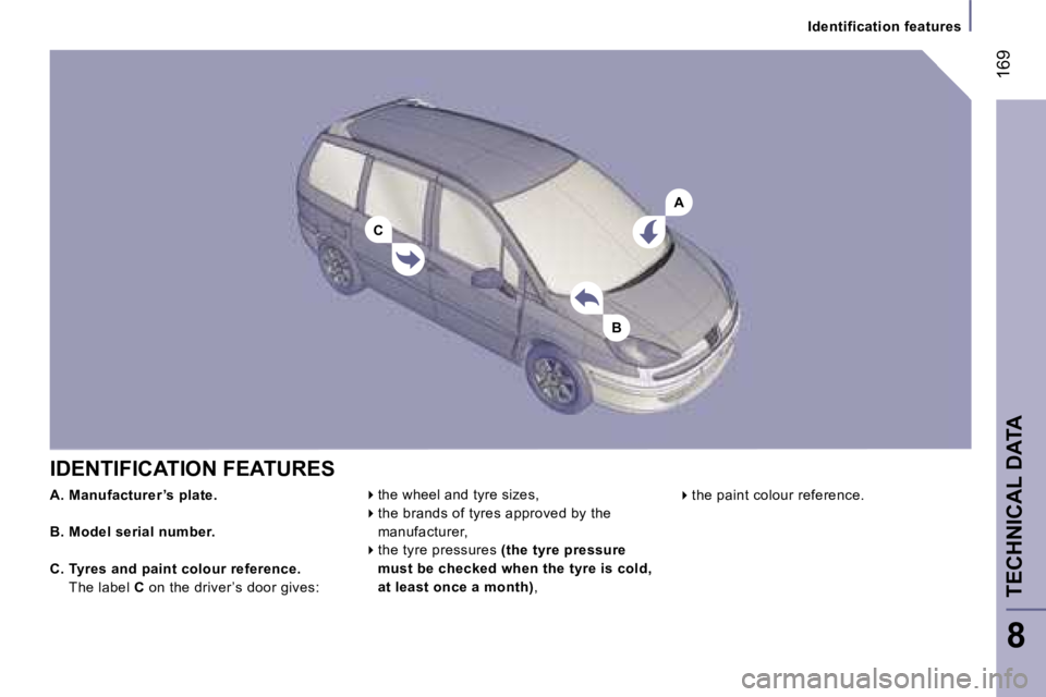 PEUGEOT 807 2007  Owners Manual �A
�C
�B
�I�D�E�N�T�I�F�I�C�A�T�I�O�N� �F�E�A�T�U�R�E�S
��t�h�e� �w�h�e�e�l� �a�n�d� �t�y�r�e� �s�i�z�e�s�,
��t�h�e� �b�r�a�n�d�s� �o�f� �t�y�r�e�s� �a�p�p�r�o�v�e�d� �b�y� �t�h�e� 
�m�a�n�u�f�a