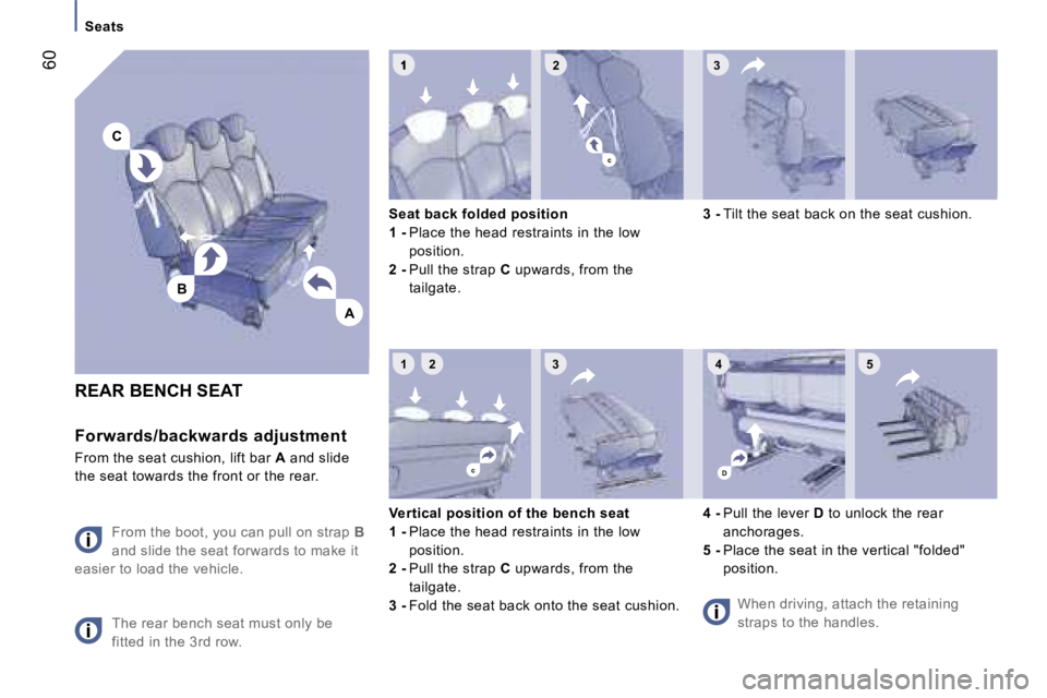 PEUGEOT 807 2007  Owners Manual �2�3
�1�2�3�4
�A
�C
�B
�D
�5
�c
�c
�S�e�a�t�s
�R�E�A�R� �B�E�N�C�H� �S�E�A�T
�F�o�r�w�a�r�d�s�/�b�a�c�k�w�a�r�d�s� �a�d�j�u�s�t�m�e�n�t
�F�r�o�m� �t�h�e� �s�e�a�t� �c�u�s�h�i�o�n�,� �l�i�f�t� �b�a�r� 