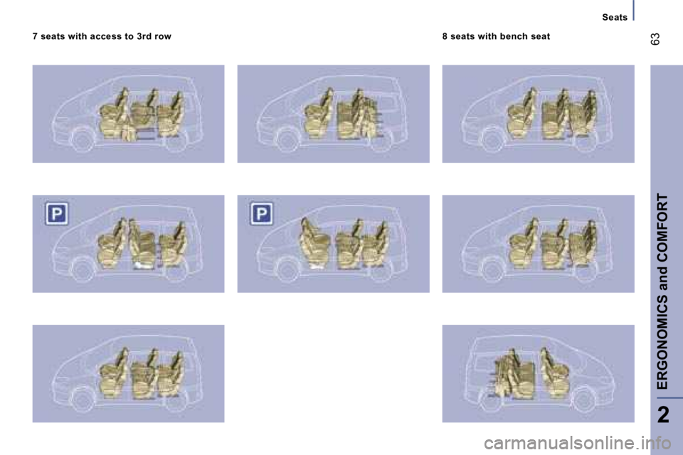 PEUGEOT 807 2007  Owners Manual �S�e�a�t�s
�7� �s�e�a�t�s� �w�i�t�h� �a�c�c�e�s�s� �t�o� �3�r�d� �r�o�w�8� �s�e�a�t�s� �w�i�t�h� �b�e�n�c�h� �s�e�a�t
�E�R�G�O�N�O�M�I�C�S� �a�n�d� �C�O�M�F�O�R�T
�2
�6�3         