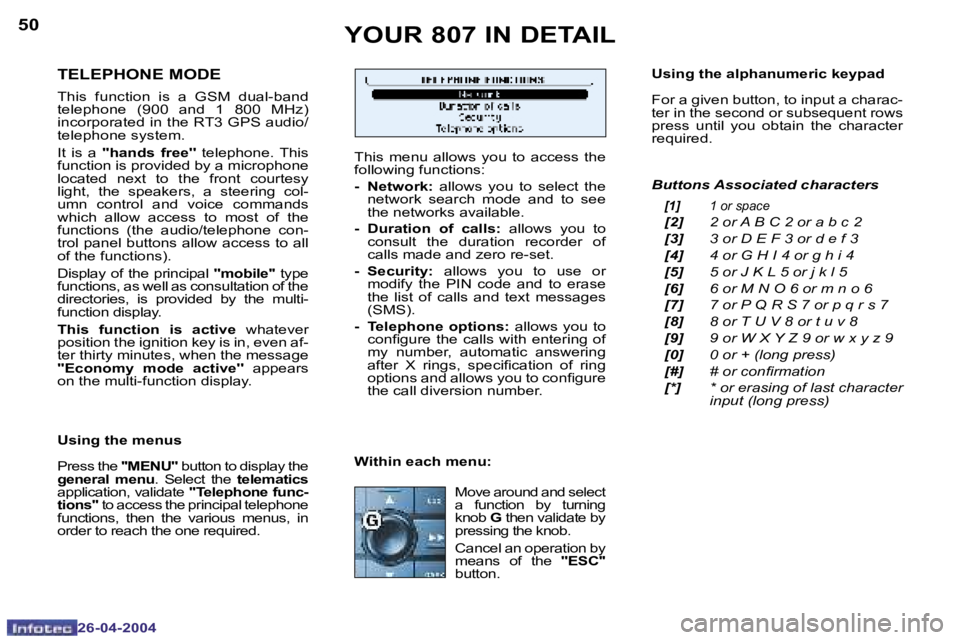 PEUGEOT 807 2004  Owners Manual �5�0
�2�6�-�0�4�-�2�0�0�4
�5�1
�2�6�-�0�4�-�2�0�0�4
�Y�O�U�R� �8�0�7� �I�N� �D�E�T�A�I�L
�T�E�L�E�P�H�O�N�E� �M�O�D�E
�T�h�i�s�  �f�u�n�c�t�i�o�n�  �i�s�  �a � �G�S�M�  �d�u�a�l�-�b�a�n�d� 
�t�e�l�e�p