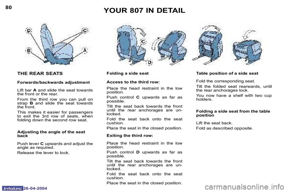 PEUGEOT 807 2004  Owners Manual �8�0
�2�6�-�0�4�-�2�0�0�4
�8�1
�2�6�-�0�4�-�2�0�0�4
�T�H�E� �R�E�A�R� �S�E�A�T�S
�F�o�r�w�a�r�d�s�/�b�a�c�k�w�a�r�d�s� �a�d�j�u�s�t�m�e�n�t 
�L�i�f�t� �b�a�r� �A� �a�n�d� �s�l�i�d�e� �t�h�e� �s�e�a�t�