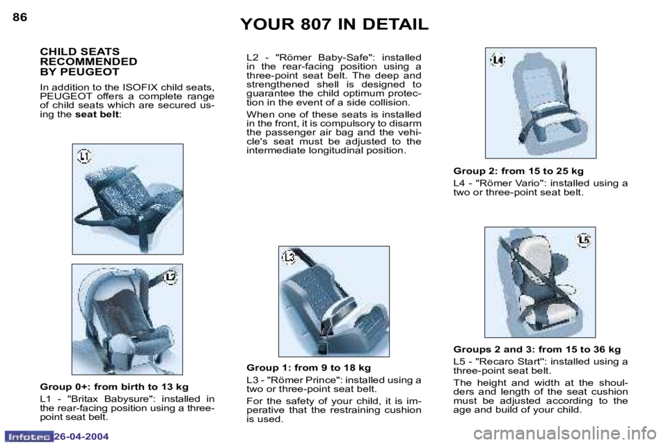 PEUGEOT 807 2004  Owners Manual �8�6
�2�6�-�0�4�-�2�0�0�4
�8�7
�2�6�-�0�4�-�2�0�0�4
�C�H�I�L�D� �S�E�A�T�S�  
�R�E�C�O�M�M�E�N�D�E�D
�B�Y� �P�E�U�G�E�O�T
�I�n� �a�d�d�i�t�i�o�n� �t�o� �t�h�e� �I�S�O�F�I�X� �c�h�i�l�d� �s�e�a�t�s�,� 