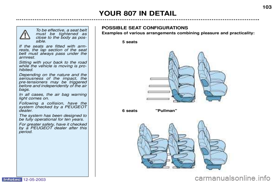 PEUGEOT 807 2003  Owners Manual 
	

	$%
To be effective, a seat belt must be tightened asclose to the body as pos-sible.
If the seats are fitted with arm-rests, the lap section of the seatbelt must always pa
