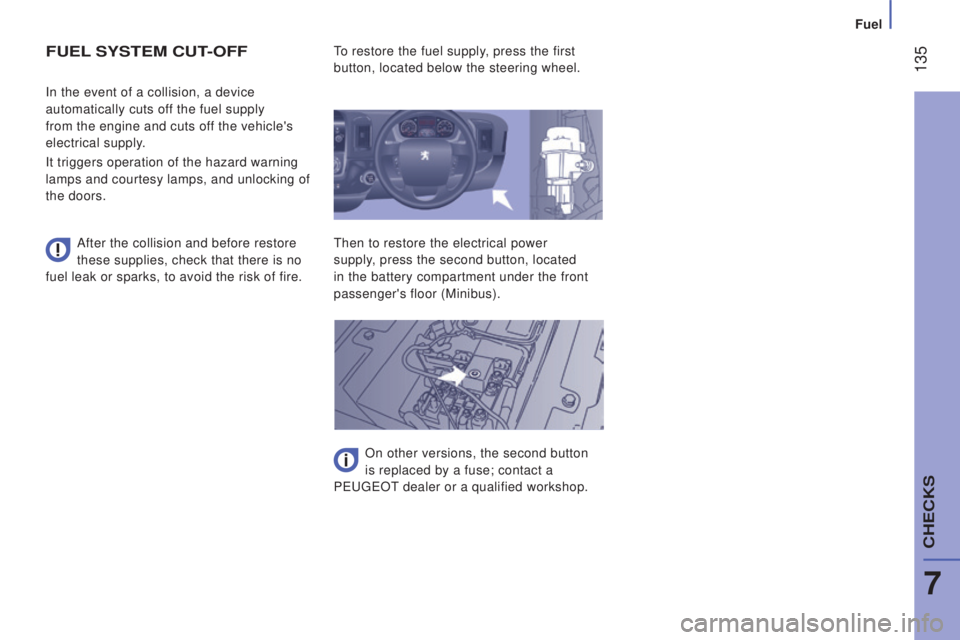 PEUGEOT BOXER 2015  Owners Manual  135
FuEL SYStEM cut-oFF
After the collision and before restore 
these supplies, check that there is no 
fuel leak or sparks, to avoid the risk of fire. In the event of a collision, a device 
automati
