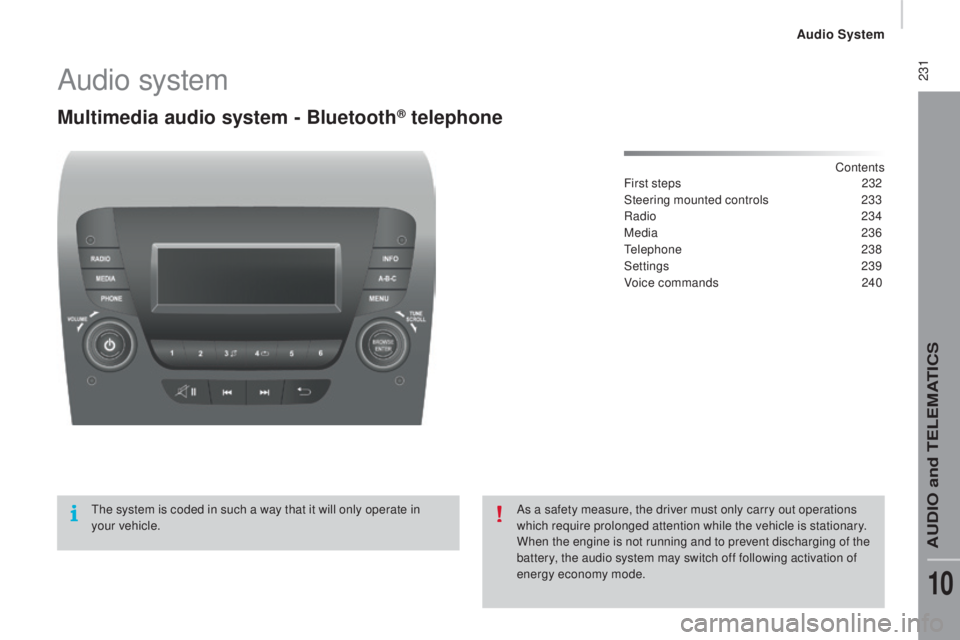 PEUGEOT BOXER 2015  Owners Manual  231Audio system
Multimedia audio system - Bluetooth® telephone
Contents
First steps 232
St
eering mounted controls
 233
R

adio
 2
 34
Media
 23

6
tele

phone
 23
 8
Settings
 23

9
Voice commands
