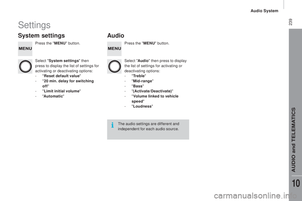 PEUGEOT BOXER 2015  Owners Manual  239Settings
System settingsAudio
Press the "MEnu" bu tton. Press the "MEnu" bu tton.
Select " System settings " then 
press to display the list of settings for 
activating or 