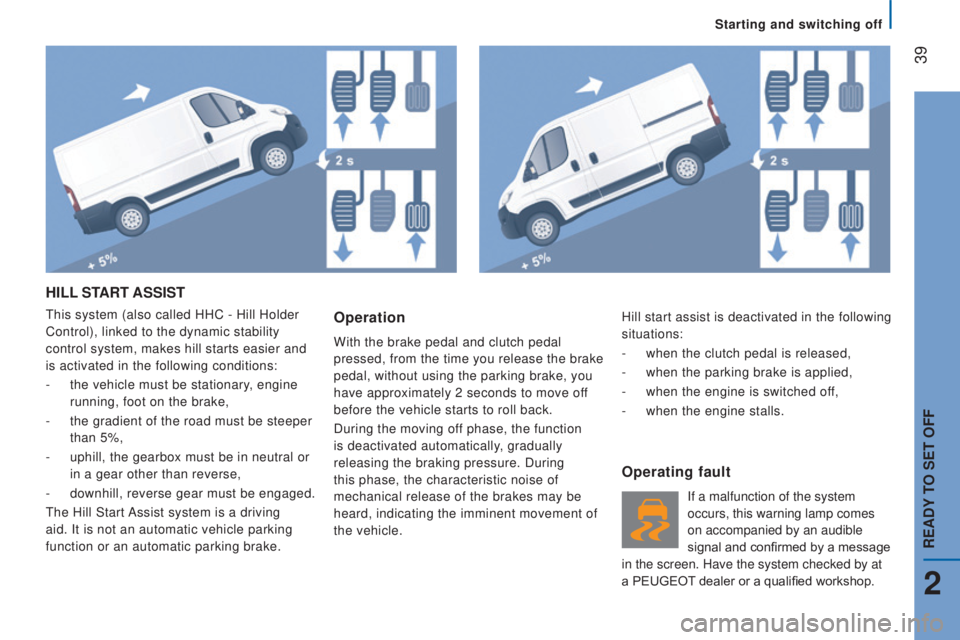 PEUGEOT BOXER 2015 Owners Manual 39
HILL StArt ASSISt
this system (also called HHC - Hill Holder
Control), linked to the dynamic stability
control system, makes hill starts easier and
is activated in the following conditions:
-
PEUGEOT BOXER 2015 Owners Manual 39
HILL StArt ASSISt
this system (also called HHC - Hill Holder
Control), linked to the dynamic stability
control system, makes hill starts easier and
is activated in the following conditions:
-