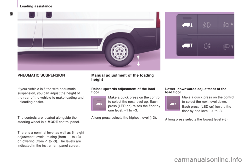 PEUGEOT BOXER 2015  Owners Manual  96
PnEuMAtIc SuSPEnSIon
If your vehicle is fitted with pneumatic 
suspension, you can adjust the height of 
the rear of the vehicle to make loading and 
unloading easier.
the controls are located alo