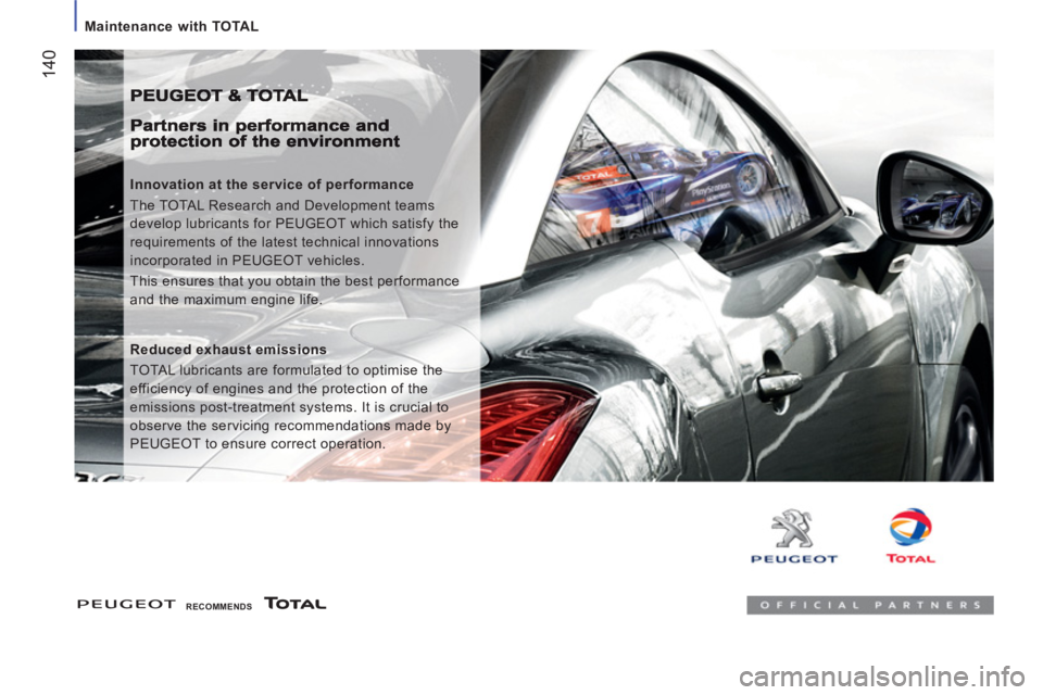 PEUGEOT BOXER 2011  Owners Manual    
 
Maintenance with TOTAL 
14
0
 
 
Innovation at the service of performance 
  The TOTAL Research and Development teams 
develop lubricants for PEUGEOT which satisfy the 
requirements of the lates