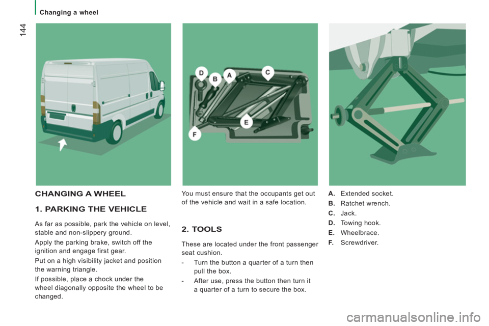PEUGEOT BOXER 2011  Owners Manual 144
   
 
Changing a wheel  
 
 
 
1. PARKING THE VEHICLE 
 
As far as possible, park the vehicle on level, 
stable and non-slippery ground. 
  Apply the parking brake, switch off the 
ignition and en