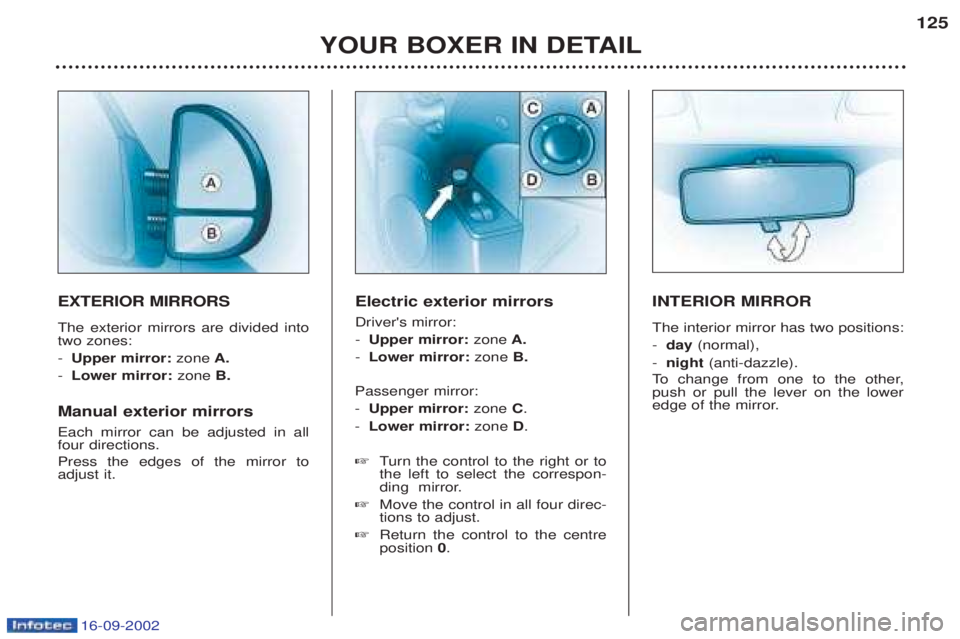 PEUGEOT BOXER 2002  Owners Manual 16-09-2002
YOUR BOXER IN DETAIL125
EXTERIOR MIRRORS The exterior mirrors are divided into two zones: -
Upper mirror:  zoneA.
-  Lower mirror:  zoneB.
Manual exterior mirrors Each mirror can be adjuste