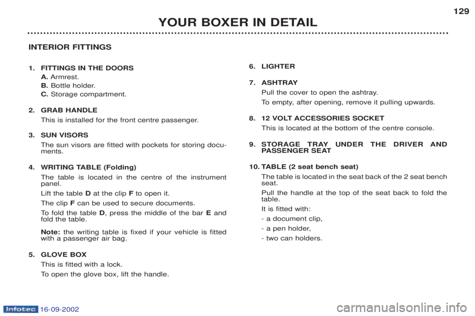 PEUGEOT BOXER 2002  Owners Manual 16-09-2002
YOUR BOXER IN DETAIL129
INTERIOR FITTINGS 
1. FITTINGS IN THE DOORS A.Armrest.
B. Bottle holder.
C. Storage compartment.
2. GRAB HANDLE This is installed for the front centre passenger.
3. 