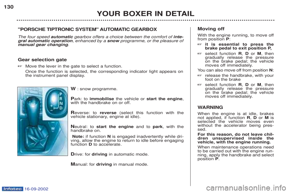 PEUGEOT BOXER 2002  Owners Manual 16-09-2002
W: snow programme.
P ark: to  immobilise the vehicle or  start the engine ,
with the handbrake on or off.
R everse: to  reverse(select this function with the
vehicle stationary, engine at i