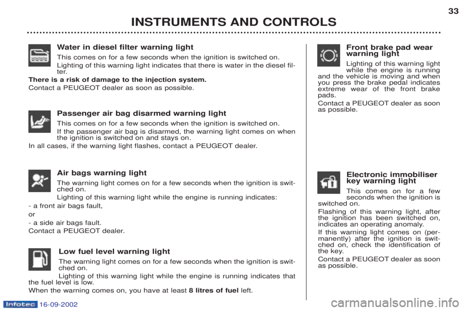 PEUGEOT BOXER 2002  Owners Manual 16-09-2002
Water in diesel filter warning light
This comes on for a few seconds when the ignition is switched on. Lighting of this warning light indicates that there is water in the diesel fil- 
ter.
