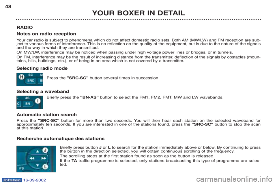 PEUGEOT BOXER 2002  Owners Manual 16-09-2002
YOUR BOXER IN DETAIL
48
RADIO Notes on radio reception Your car radio is subject to phenomena which do not affect domestic radio sets. Both AM (MW/LW) and FM reception are sub-
ject to vari